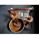 A tray of early 20th century oak barley twist candlesticks, oak and silver plated fruit bowl,