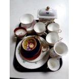 A tray containing assorted china to include Aynsley vase,