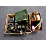 A box containing tin cased Aldis projector, stenographer's headphones,