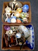 Two boxes containing miscellaneous to include Art Deco light shade, figural table lamp,