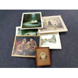 A group of pictures and prints including H Leary watercolour, village scene,