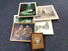 A group of pictures and prints including H Leary watercolour, village scene,