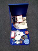 A boxed plated tray together with two boxes of plated spoons and a further tray containing Wedgwood