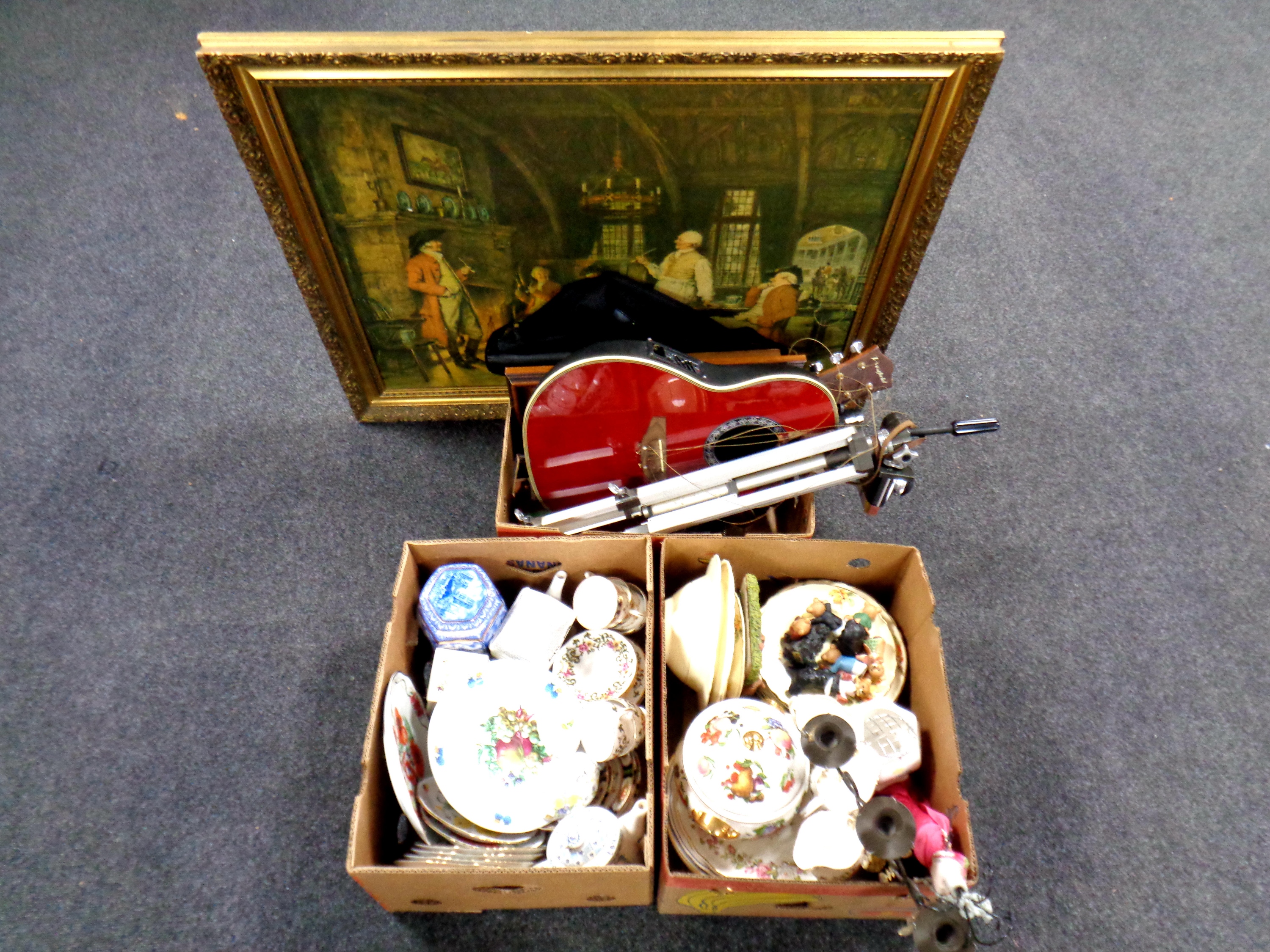 Three boxes containing miscellaneous to include wall and cabinet plates, cabinet china, dinnerware,