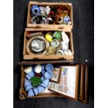 Three boxes containing miscellaneous china and pictures, seven inch singles, Spode bells,