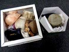 Two boxes containing a quantity of lady's formal hats and clutch bags to include Jacques Vert