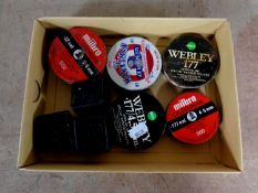 A box containing eight assorted tins and tubs containing air rifle, pellets to include Milbro,