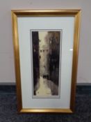 A contemporary oil, figures on a street, titled 'Barcelona', indistinctly signed,