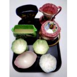 A tray containing Maling Peony Rose and Springtime biscuit barrel and jug,