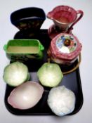 A tray containing Maling Peony Rose and Springtime biscuit barrel and jug,