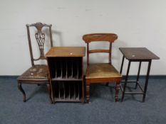 Two antique mahogany dining chairs together with a stained beech occasional table and a record