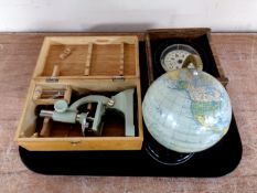 A tray of boxed student microscope, Plastimo French compass in box,