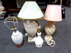 An Aynsley Little Sweetheart china table lamp together with three further table lamps (two with