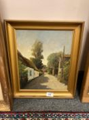 Continental school : A village lane by a barn, oil on canvas,