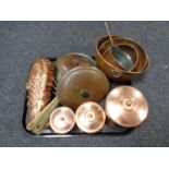 A tray of assorted copper ware to include kitchen storage jars, brass handled pans,