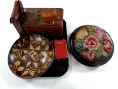 A tray containing a Victorian tapestry upholstered footstool, wooden bowl, assorted trinket boxes,