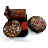 A tray containing a Victorian tapestry upholstered footstool, wooden bowl, assorted trinket boxes,
