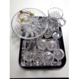 A tray containing a quantity of lead crystal cut glassware to include trinket set, jug,
