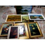 A collection of eight assorted framed pictures and prints to include oil on canvas, still life,