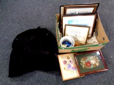 A box containing a quantity of assorted pictures and prints, tapestries, Portmeirion china planter,