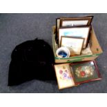 A box containing a quantity of assorted pictures and prints, tapestries, Portmeirion china planter,