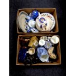 Two boxes containing miscellaneous china to include Ringtons chintz and commemorative ware, mugs,