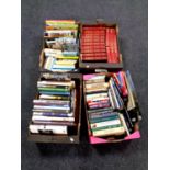 Four boxes containing hardback books, reference, autobiography, Viz annuals and comics,
