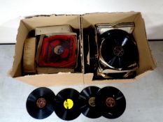 Two boxes containing a large quantity of 78s on HMV, MGM,