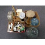Three boxes containing miscellaneous to include snare drum, drumsticks, trinket boxes,