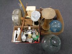 Three boxes containing miscellaneous to include snare drum, drumsticks, trinket boxes,