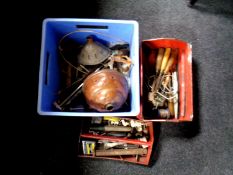 A metal concertina toolbox, a canvas bag and a crate containing vintage hand tools,