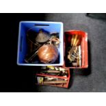 A metal concertina toolbox, a canvas bag and a crate containing vintage hand tools,