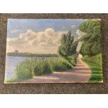 Continental school : A country track by a river, oil on canvas,