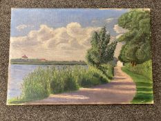 Continental school : A country track by a river, oil on canvas,