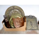 A box containing brass embossed coal receiver and fire screen, brass trays, cutlery canteen box,