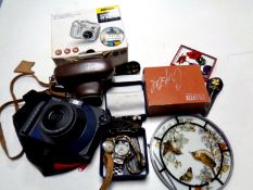 A tray of miscellaneous to include gent's wristwatches, cameras to include Nikon and Fujifilm,