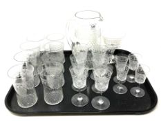 A tray of etched glass ware in the Pall Mall pattern