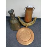 A box containing antique metal wares to include copper plaque and coal receiver, eastern copper jug,