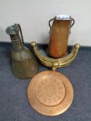 A box containing antique metal wares to include copper plaque and coal receiver, eastern copper jug,