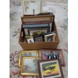 A box containing a large quantity of framed pictures and prints together with four unframed