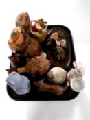 A tray containing assorted ceramic and resin animal ornaments to include Sylvac rabbit