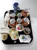 A tray containing six china craft coffee cans and saucers, Parian figure, Torquay ware dish,