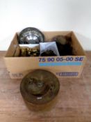 A box containing assorted metal wares to include two Riley hub caps, brass door handles,