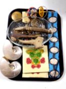 A tray of miscellaneous to include ivory aide-mémoire, Native American style beaded belts,