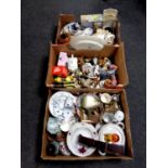 Three boxes containing miscellaneous china to include part dinner service, animal ornaments,