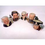 Five small Royal Doulton character jugs to include Nelson, Charles Dickens,