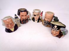 Five small Royal Doulton character jugs to include Nelson, Charles Dickens,