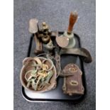 A tray of antique and later metal ware to include cobbler's lasts, 19th century door lock,