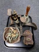 A tray of antique and later metal ware to include cobbler's lasts, 19th century door lock,