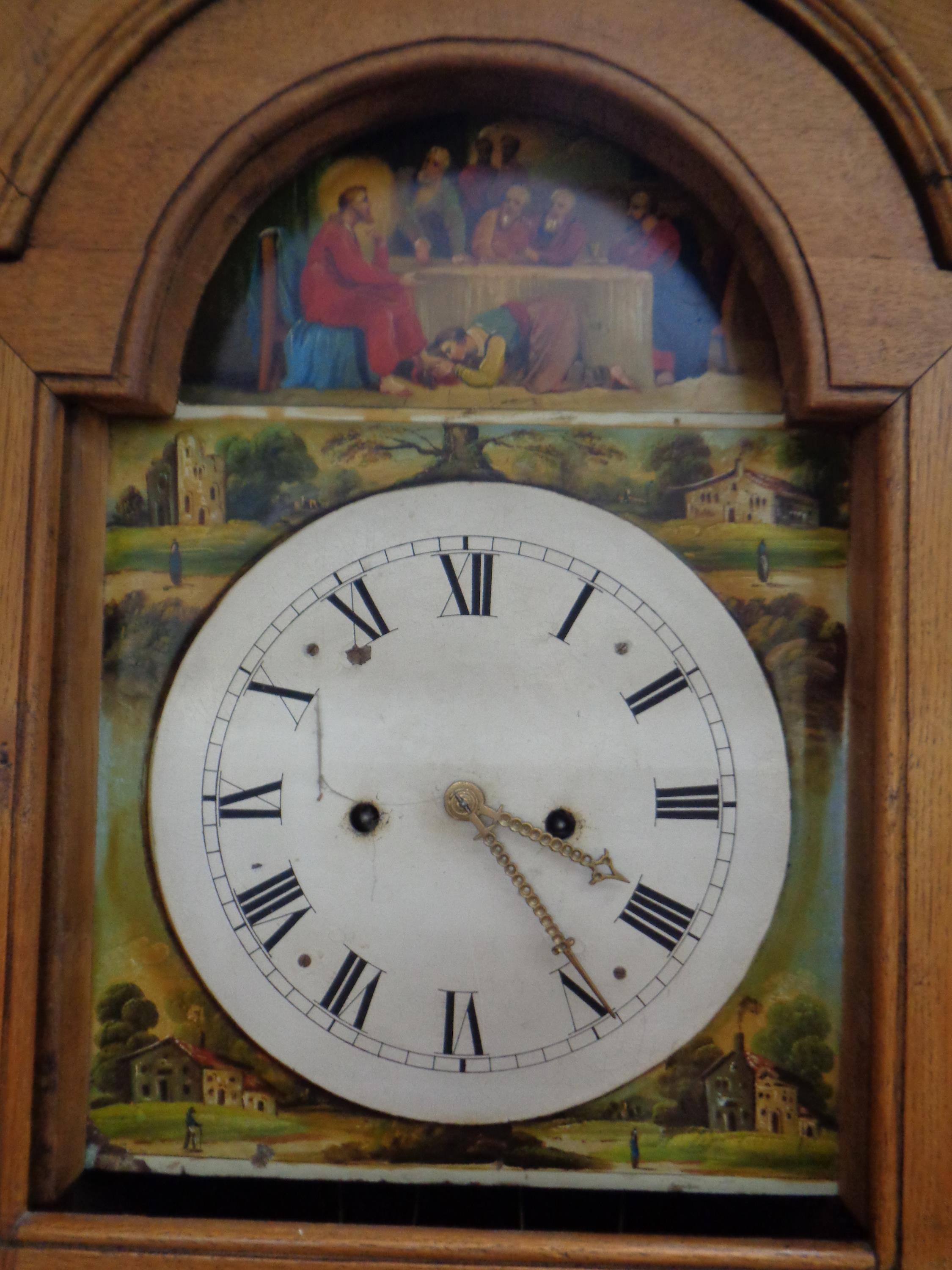 A 19th century continental oak longcase clock with painted dial and weights - Image 2 of 2